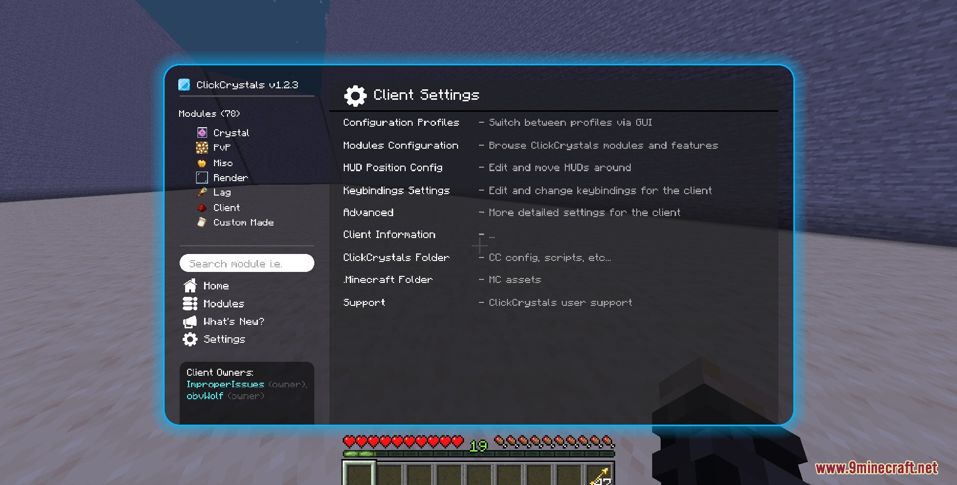 Navigating the client settings and modules configuration menu