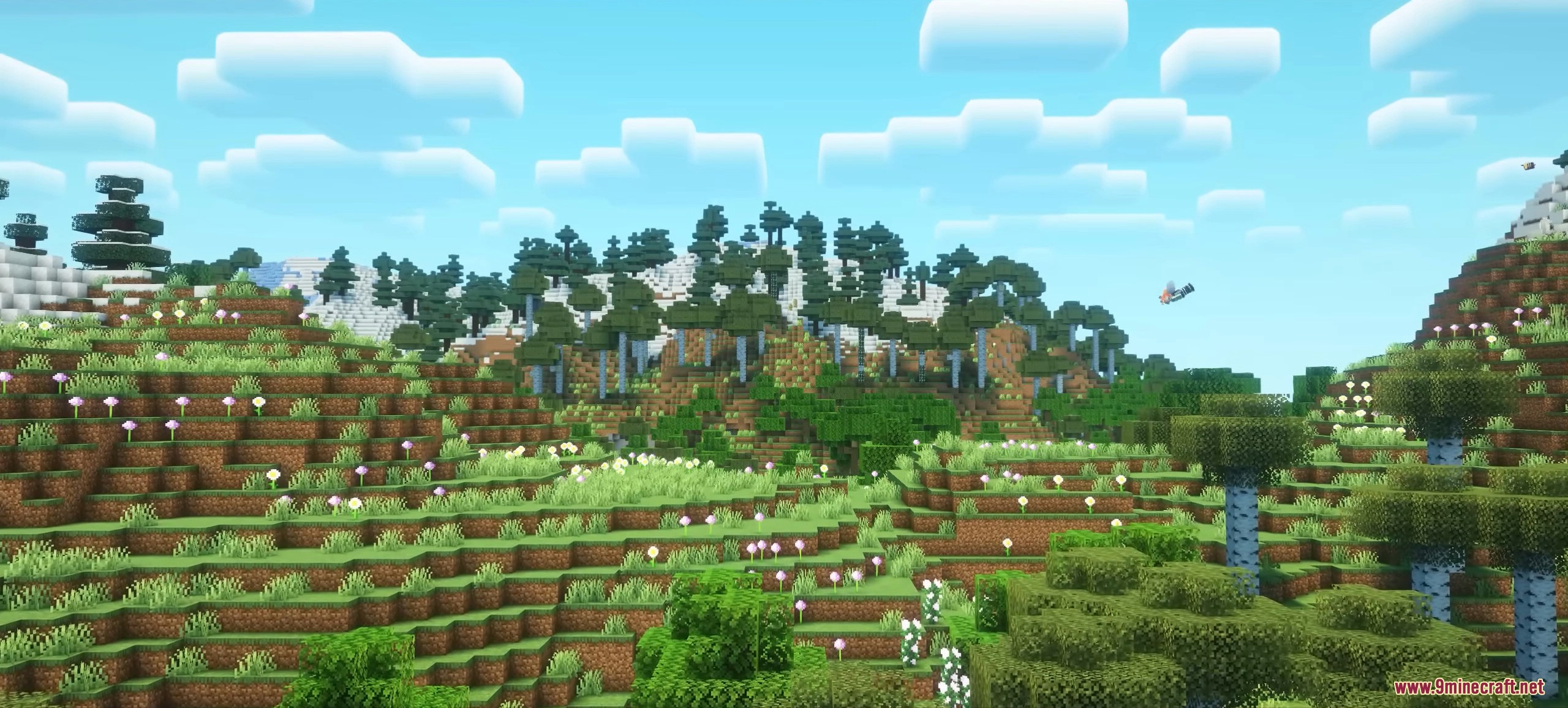 Snowy mountains and custom trees in Cliff Under a Branch mod