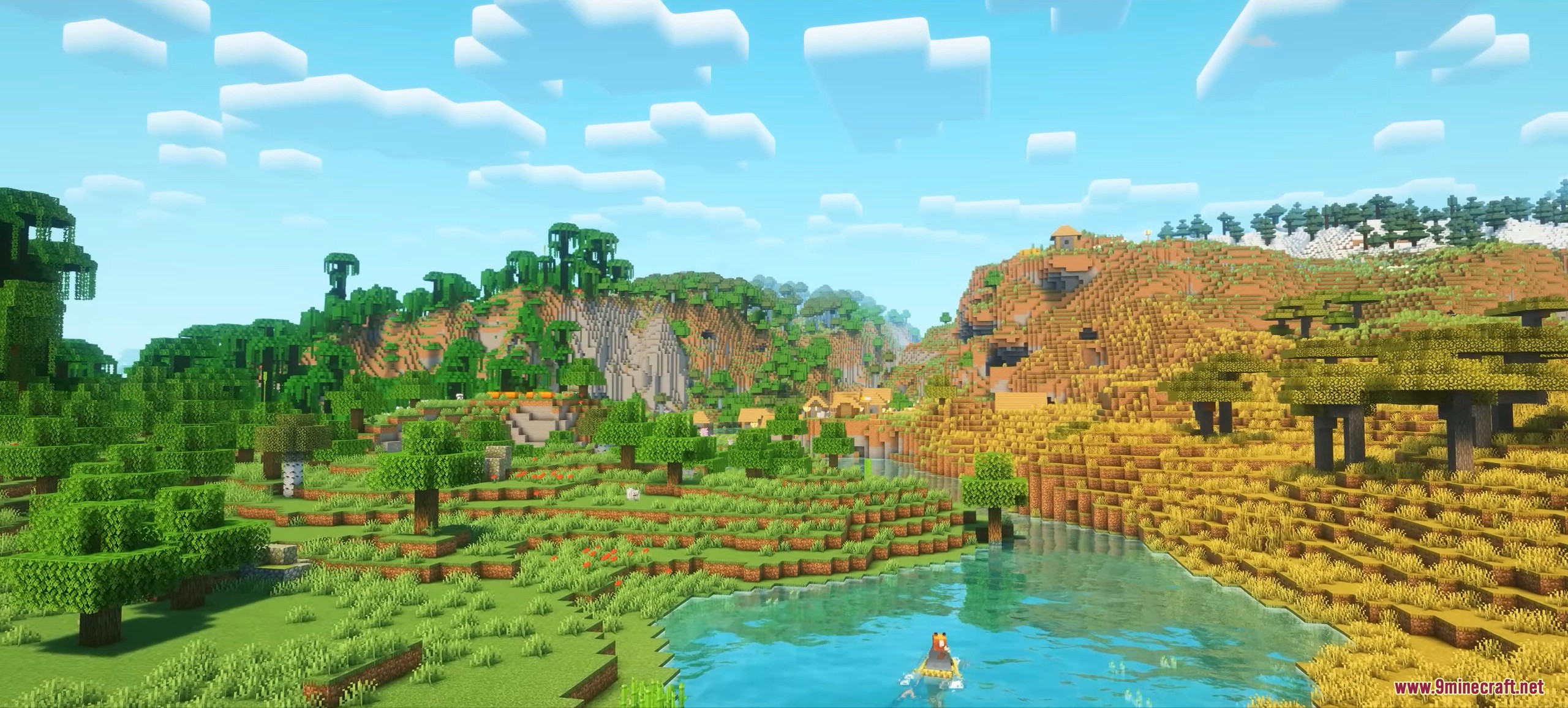 Player boating near a village in Cliff Under a Branch mod