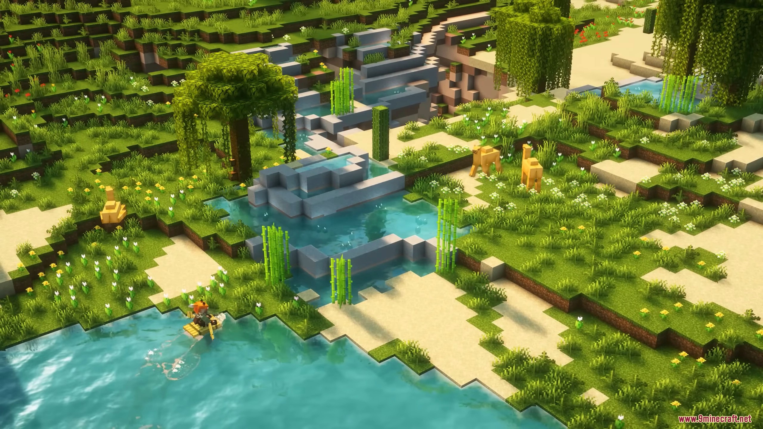 Lush oasis biome with camels generated by Cliff Under a Branch