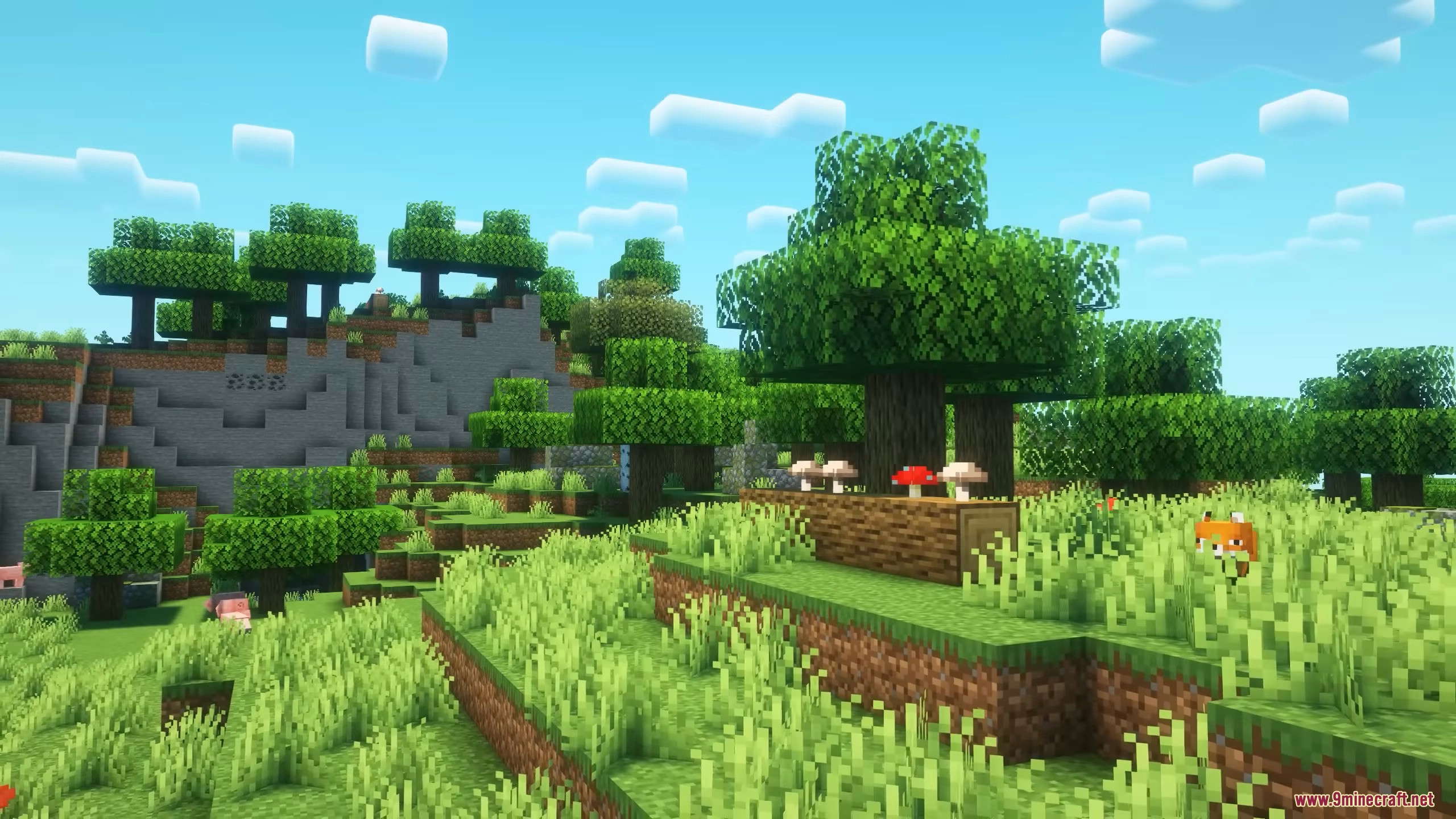 Lush green biome with updated tree shapes in Cliff Under a Branch