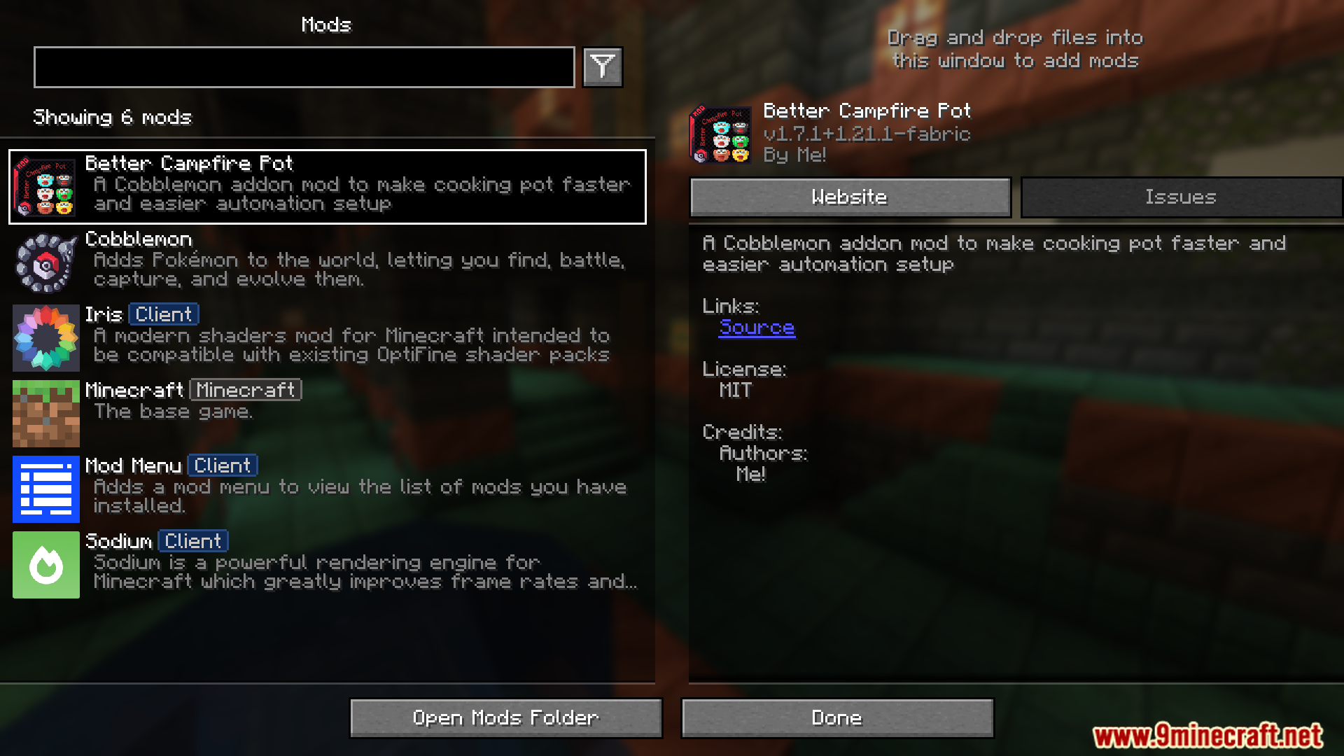 Mod menu showing the Better Campfire Pot mod installed