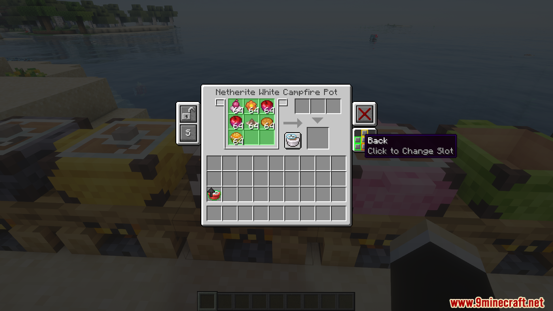 Cooking interface displaying ingredients and front slot configuration tooltip