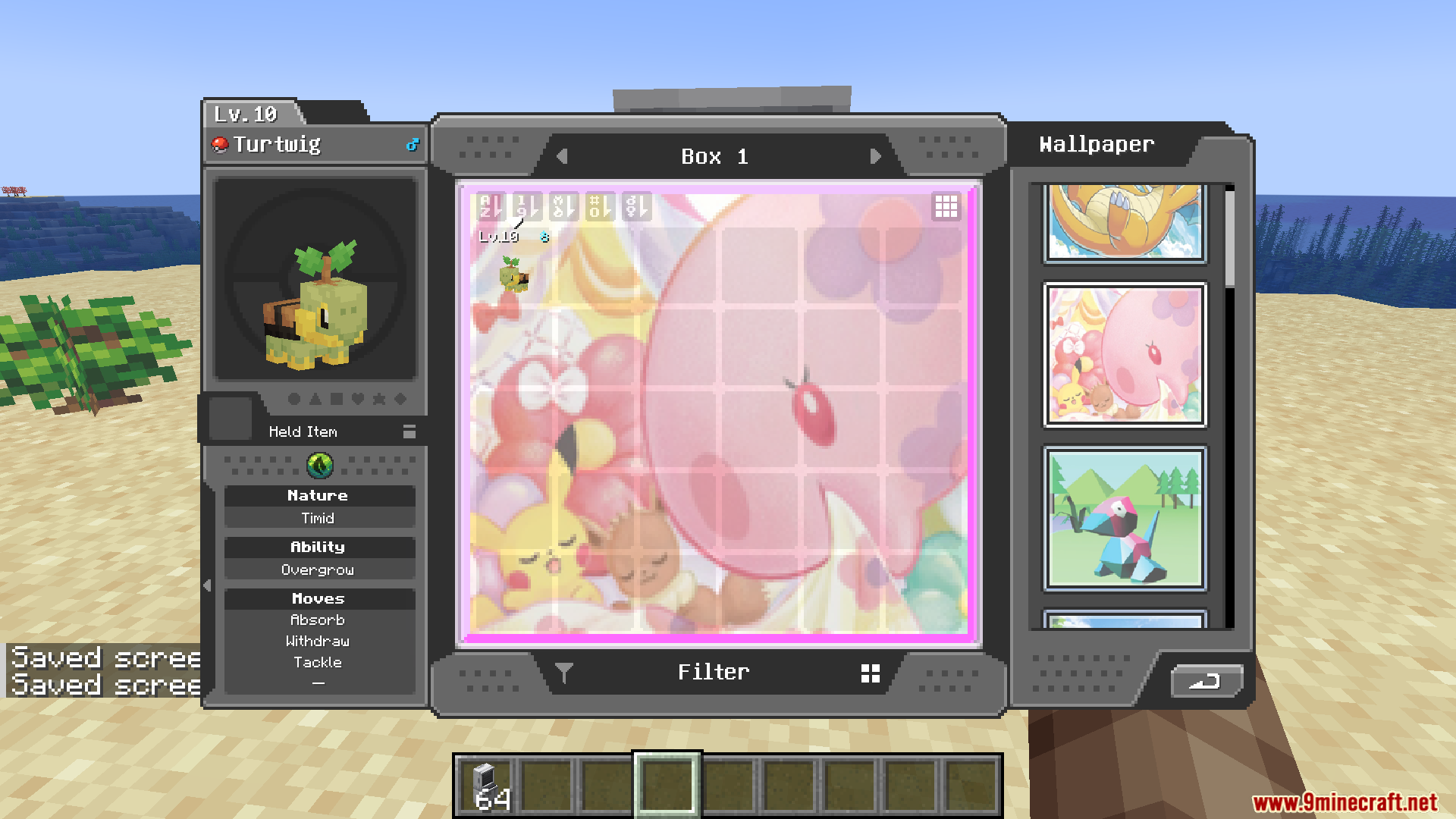 Selecting a cute pink wallpaper in the Cobblemon PC