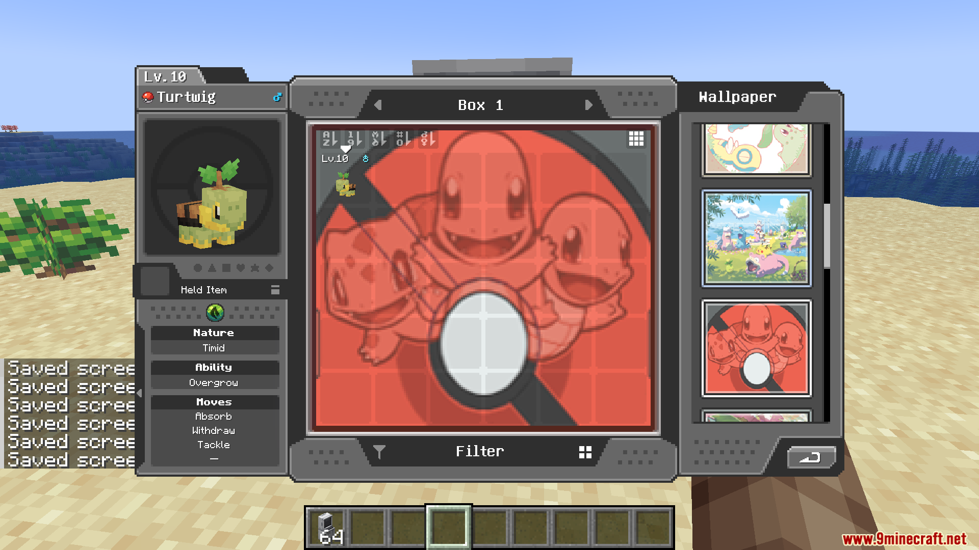 Cobblemon PC box with a Kanto starter themed wallpaper