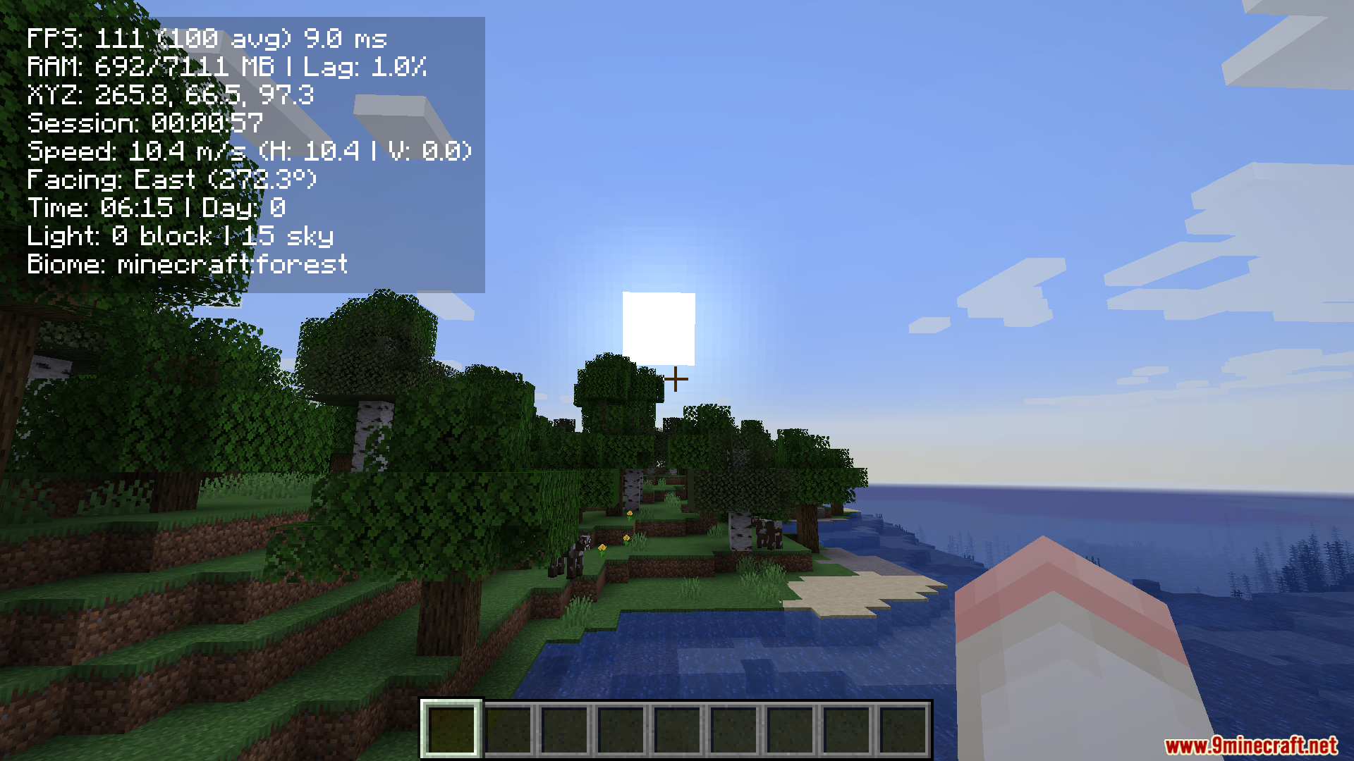 Player running through a forest with a clean debug overlay