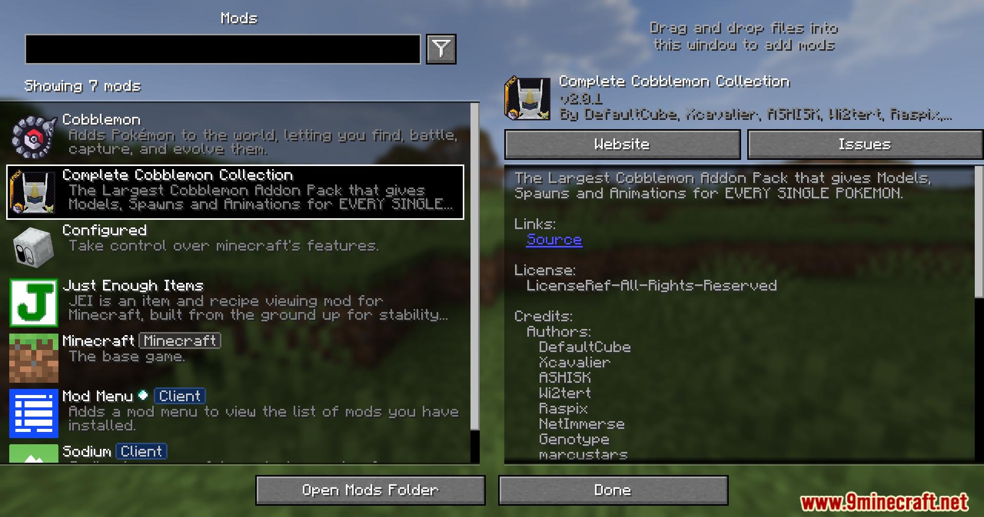 Mod menu interface displaying the Complete Cobblemon Collection installed