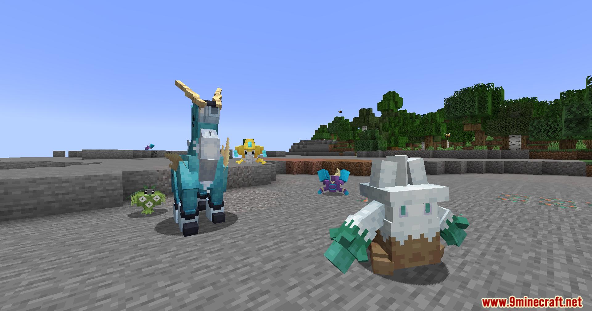 Various animated Pokemon models exploring a rocky biome near trees