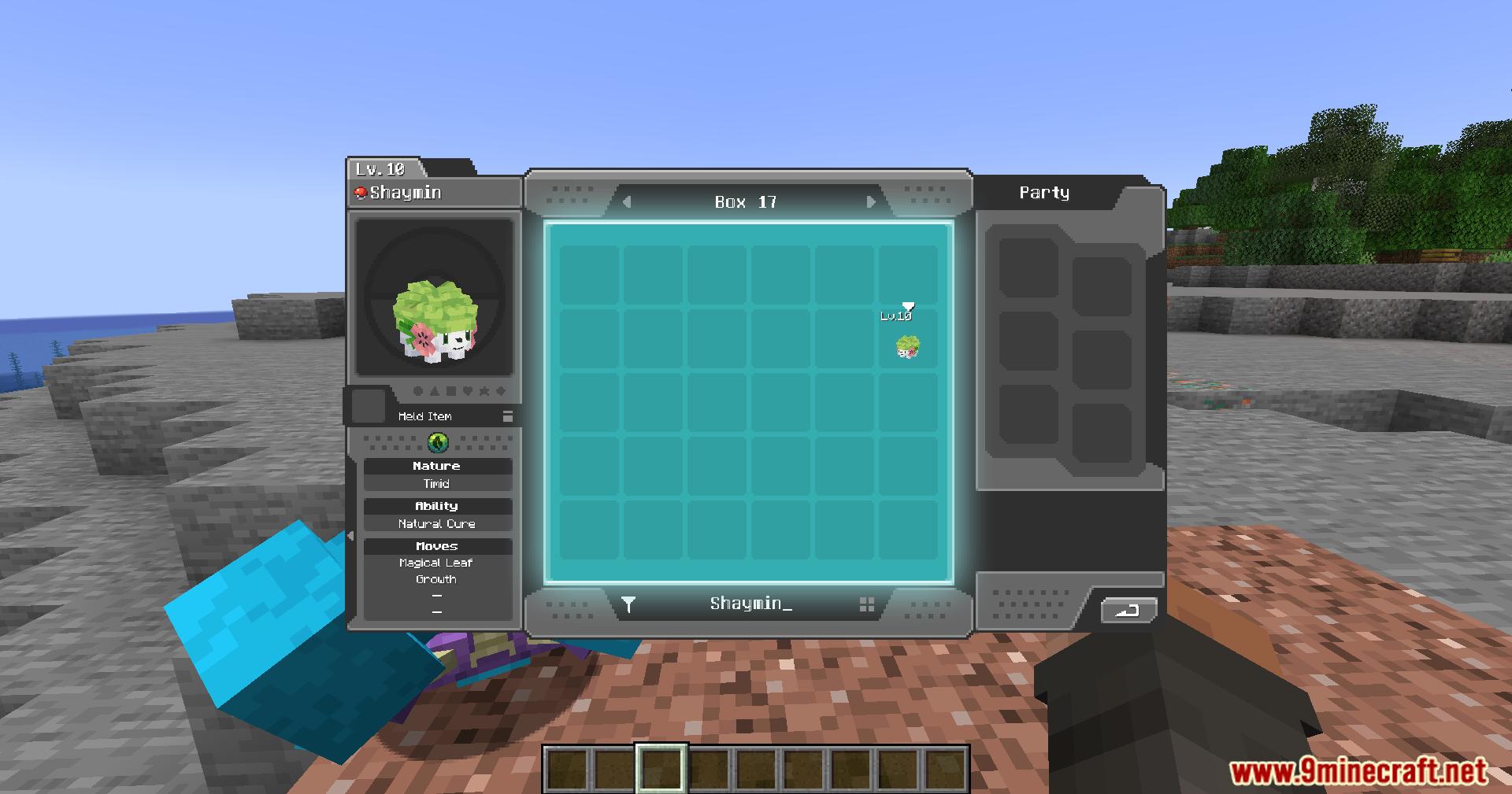 Player checking Shaymin stats in the Cobblemon PC box interface