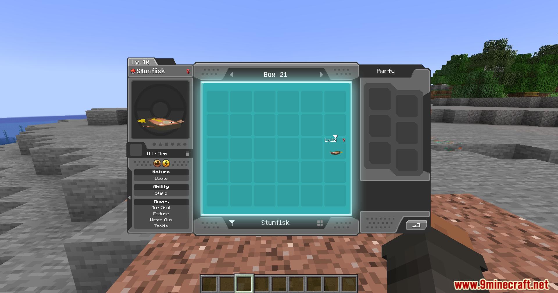 Player inspecting Stunfisk details inside the virtual storage box system