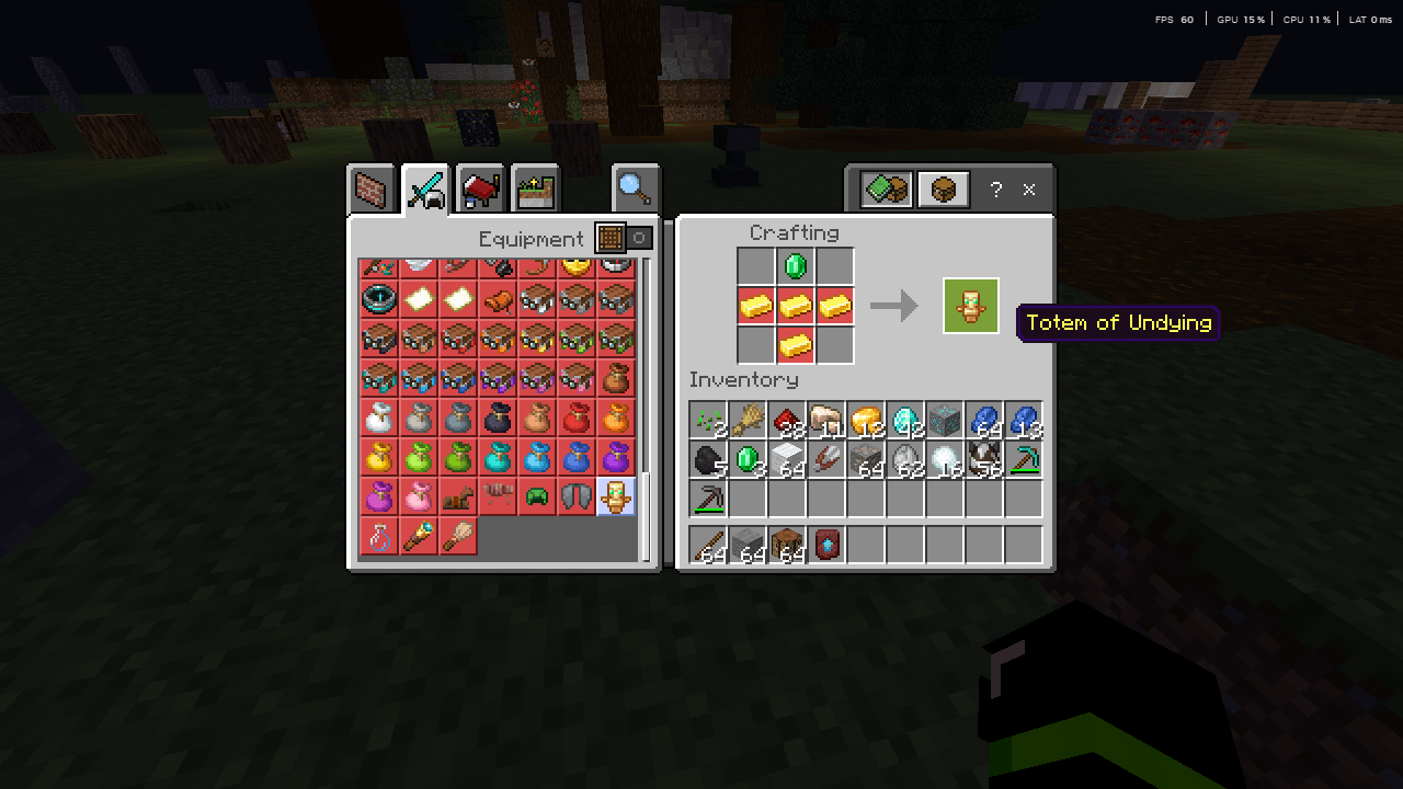Player crafting a Totem of Undying using emerald and gold ingots