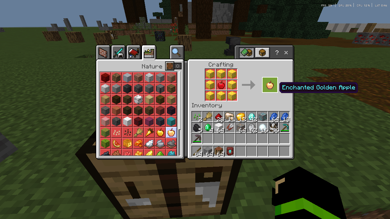 Player crafting an Enchanted Golden Apple using gold blocks