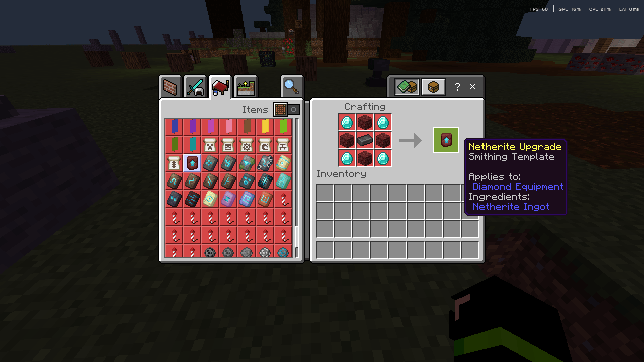 Crafting a Netherite Upgrade Smithing Template using diamonds and netherrack
