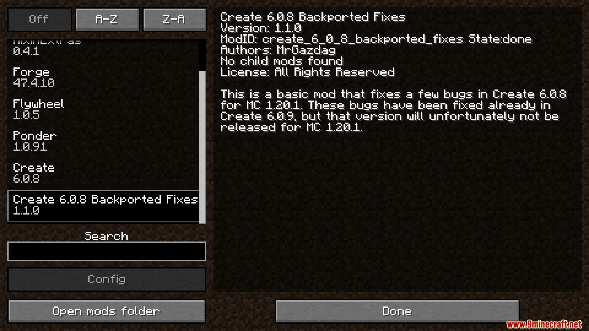 Mod list menu displaying Create Backported Fixes mod information