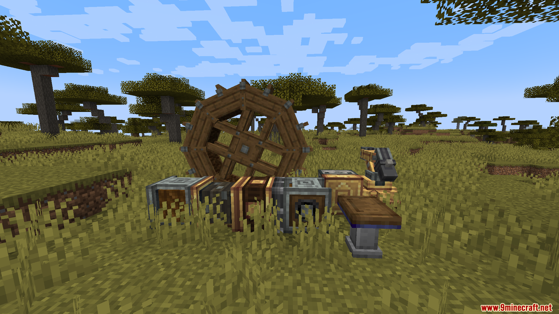 Create mod machinery including water wheel and mechanical arm in savanna