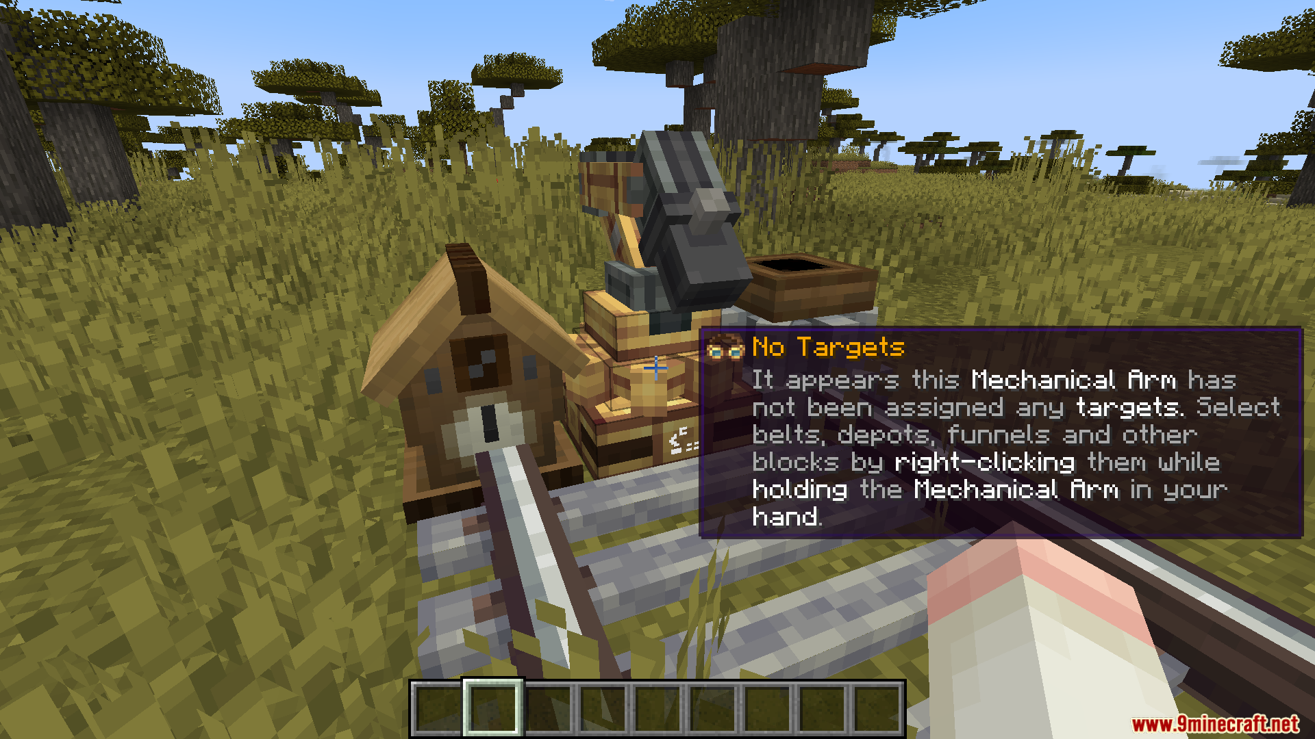 Player viewing a tooltip for an unassigned mechanical arm block