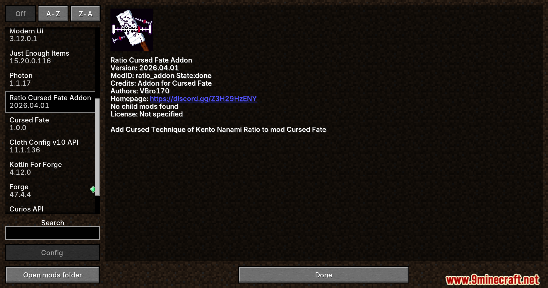 Ratio Cursed Fate Addon in the mods menu
