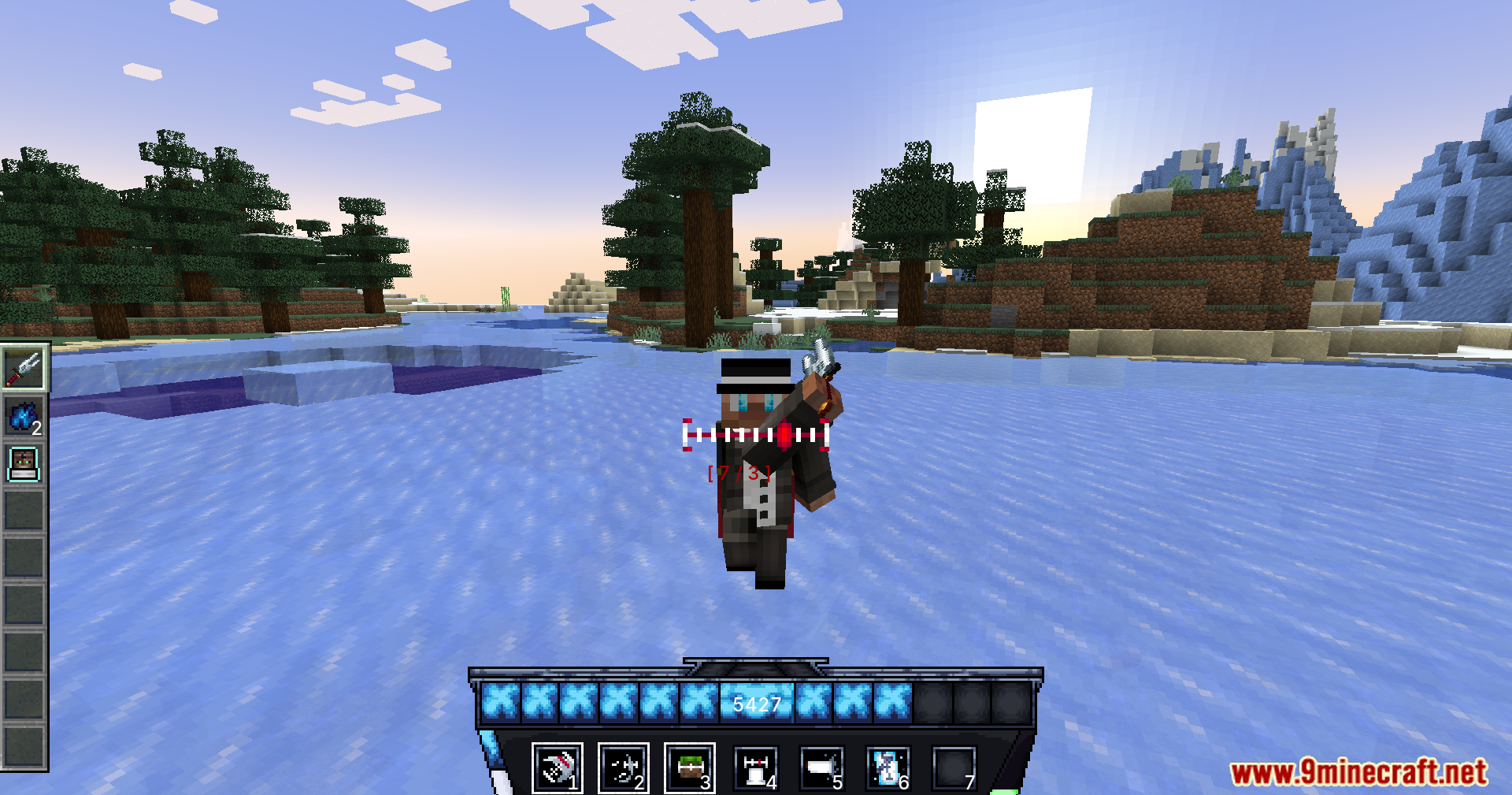 Character with a custom energy bar on a frozen river