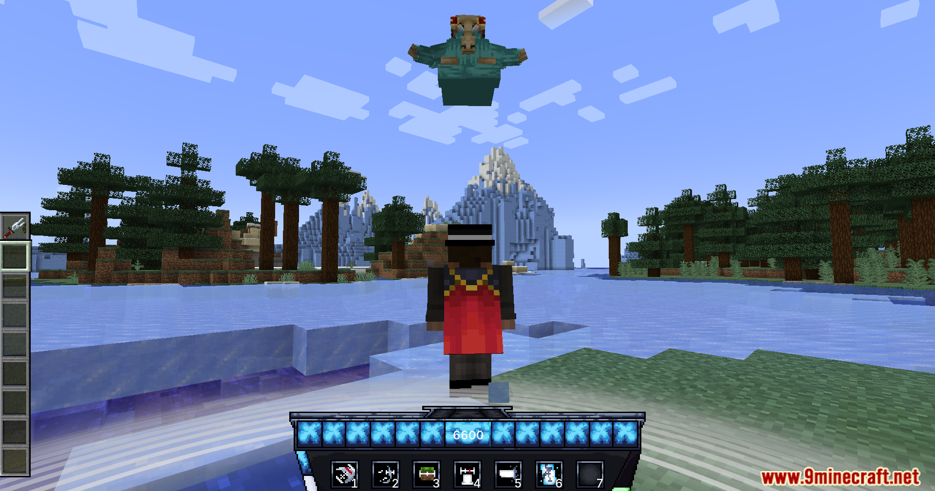 A player faces a flying green monster over ice