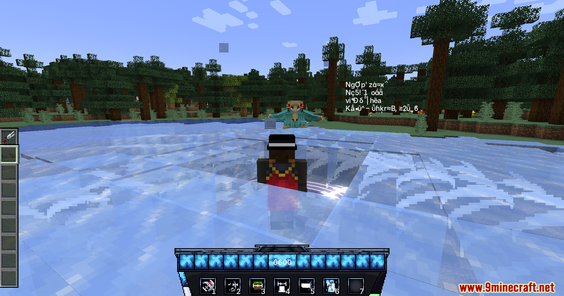 A winged green creature hovers over the frozen lake