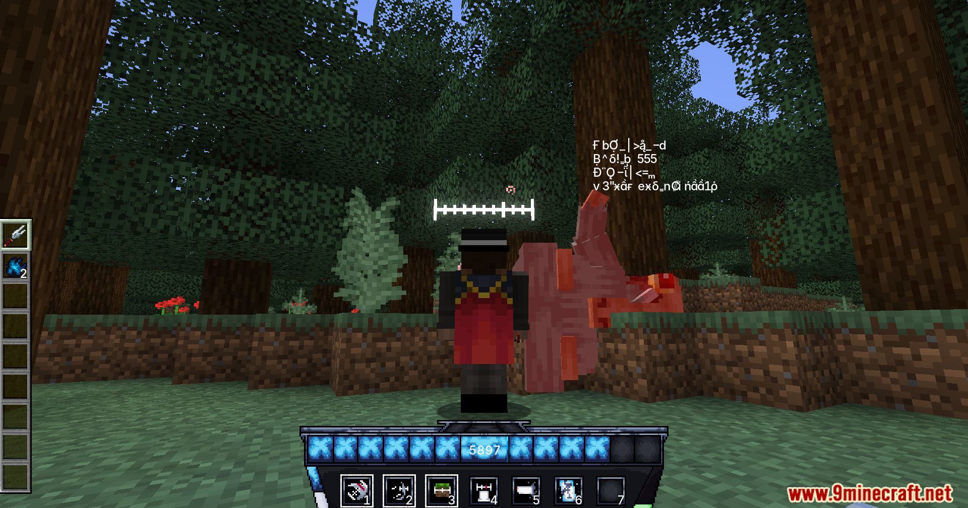 A player stands beside a red winged monster