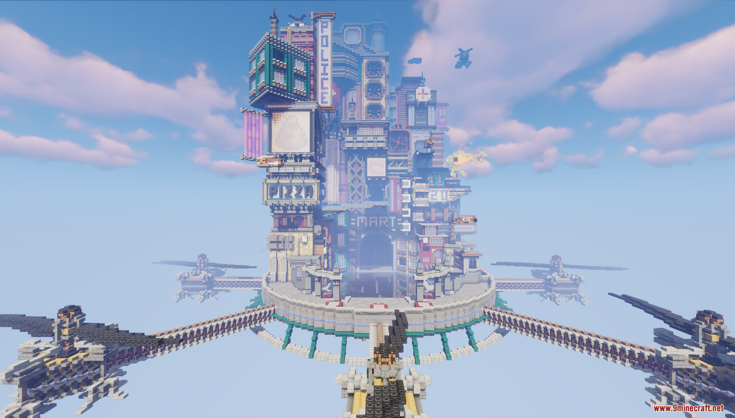 Wide view of the floating city with flying vehicles