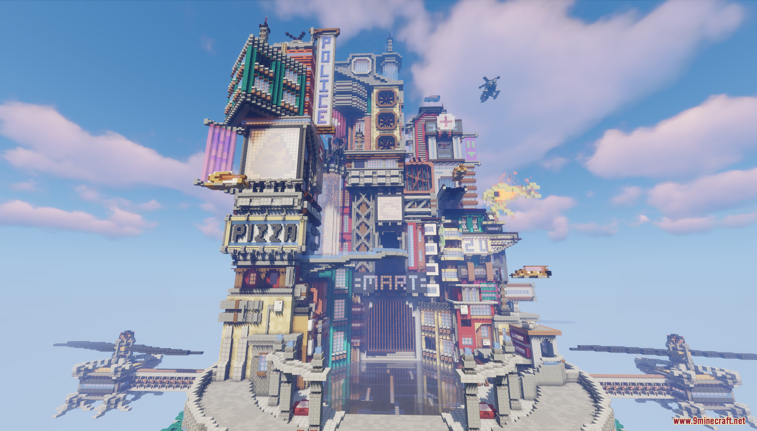 A closer look at the city's detailed sci-fi architecture