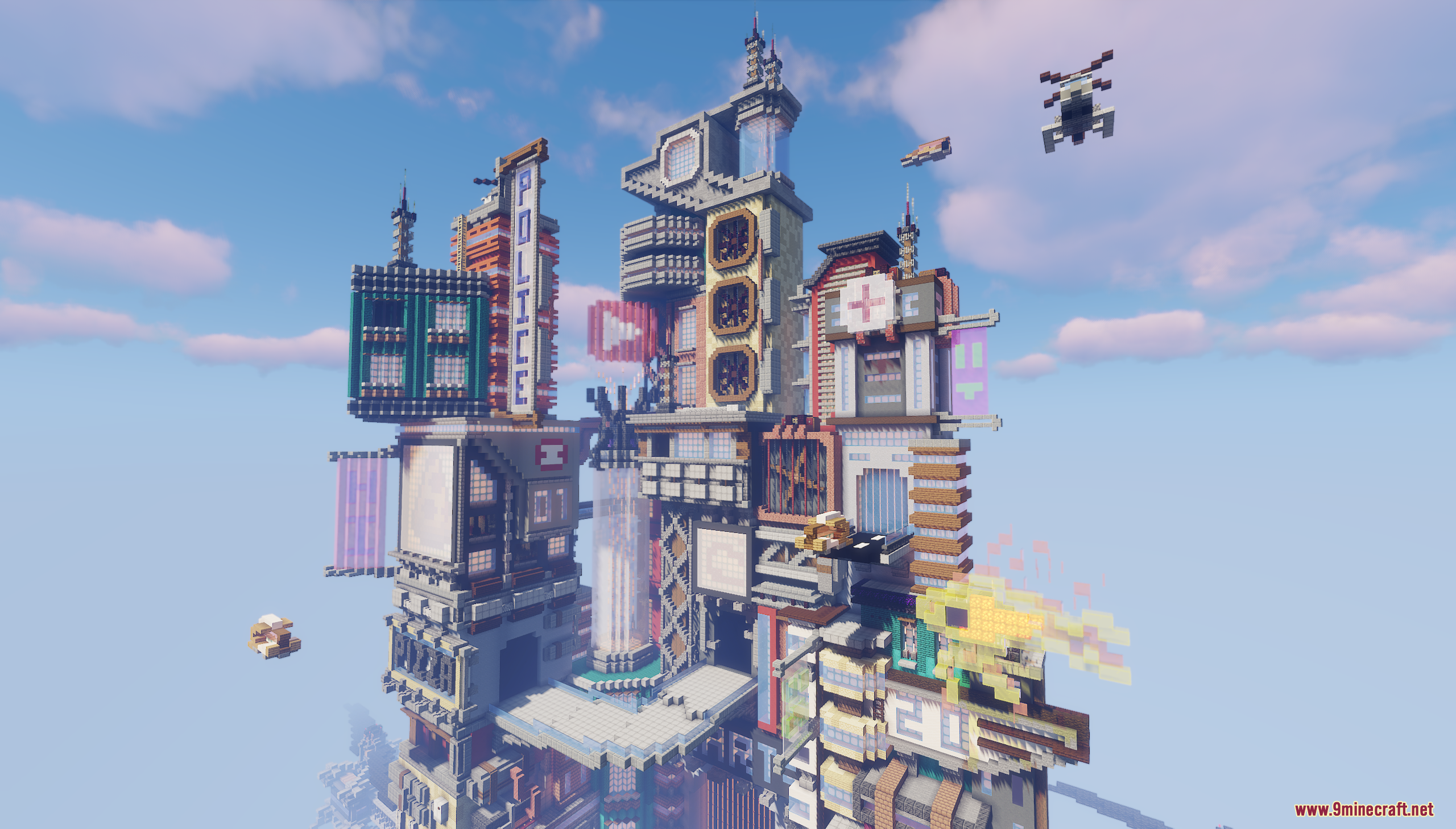 Intricate sci-fi buildings with flying ships in the sky