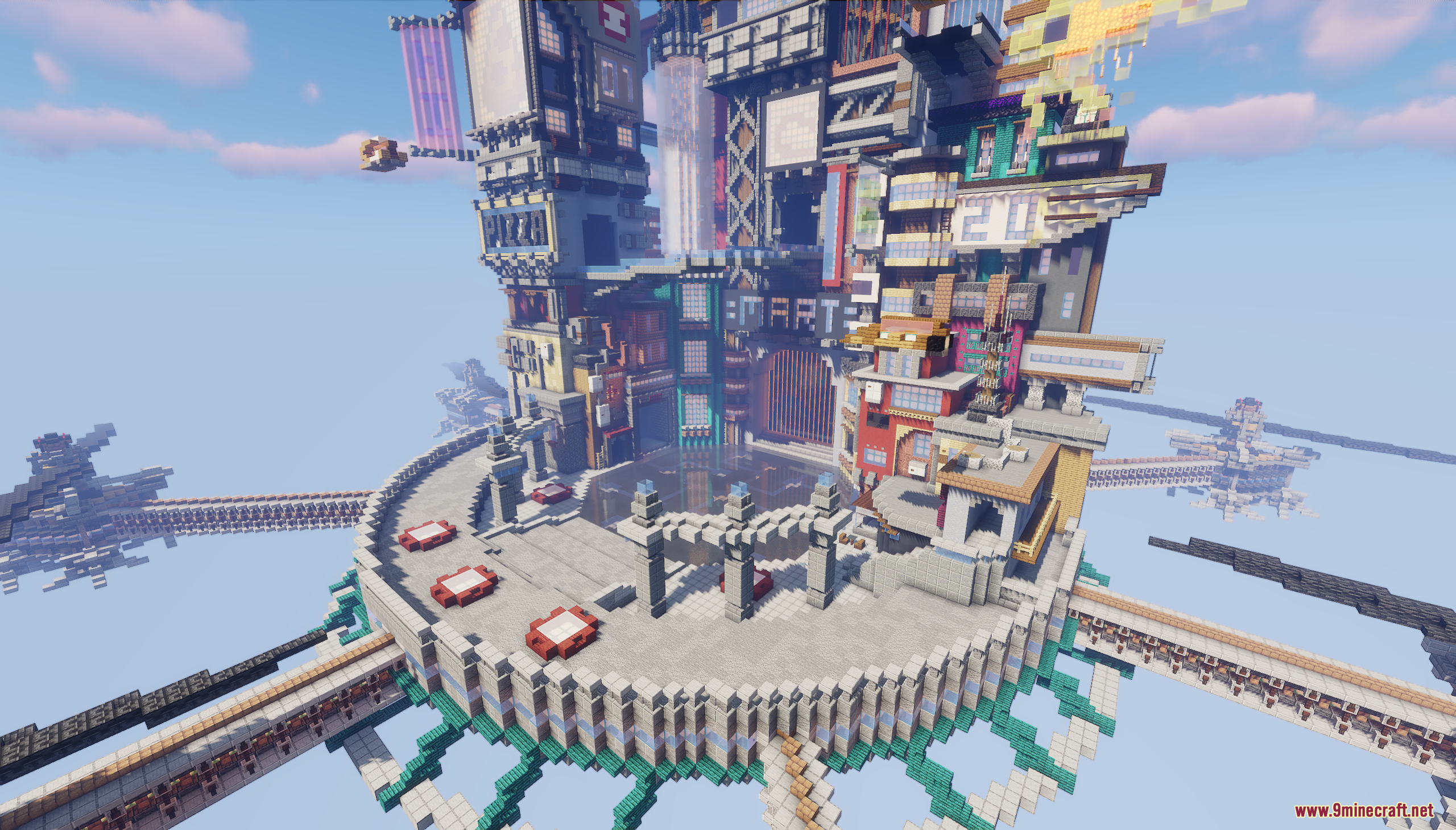 Cyberpunk Island City Map floating high in the sky