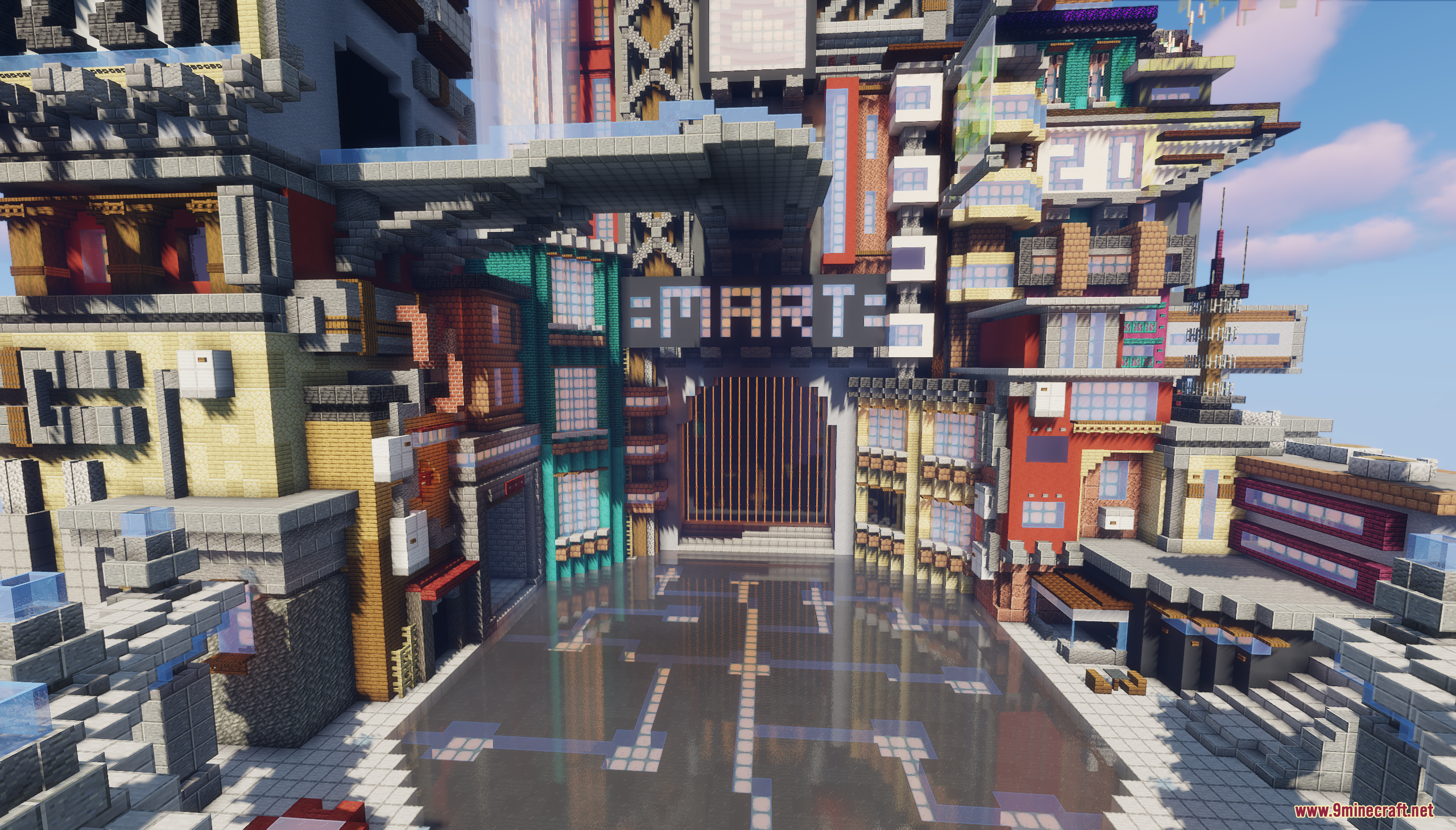 A futuristic city street with a large mart gate