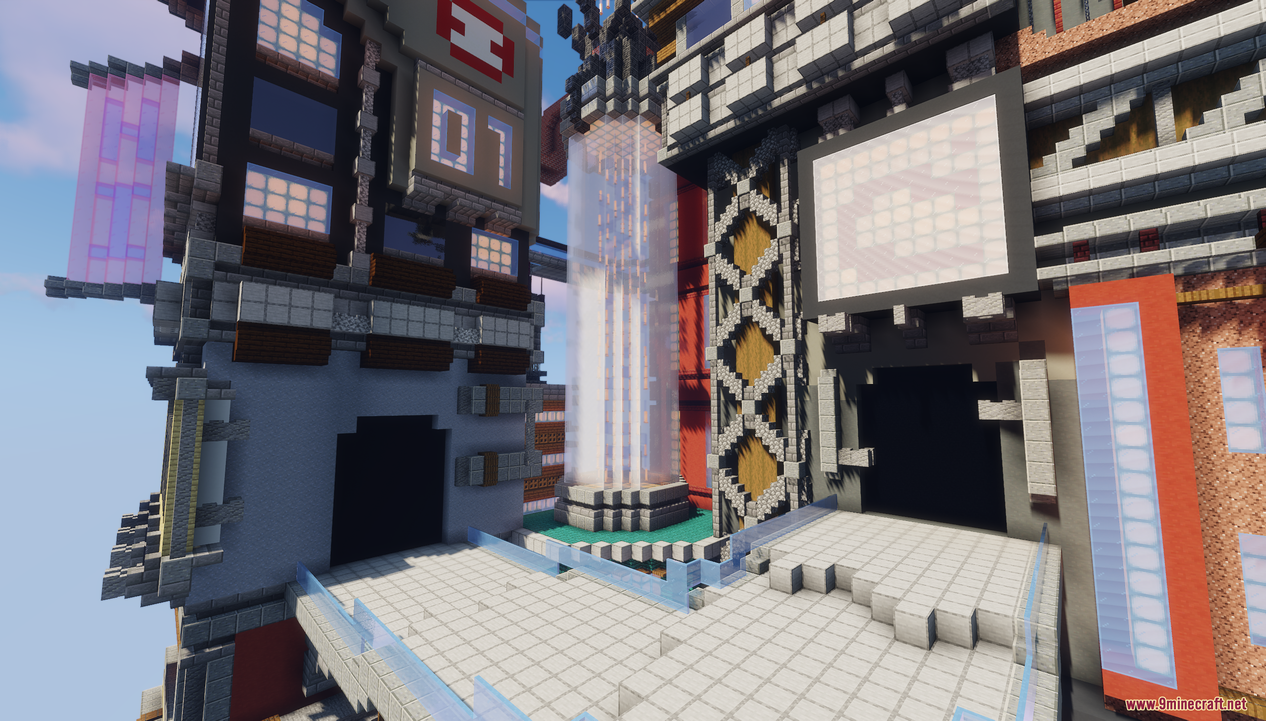 A glowing glass pillar in a futuristic city corner