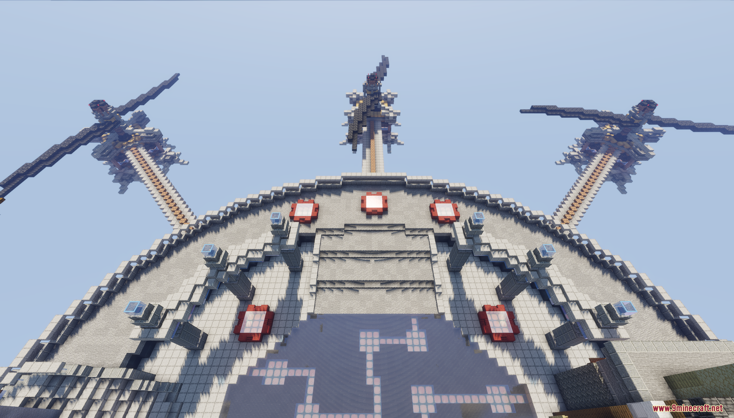 Helicopter-like vehicles parked on a circular floating platform