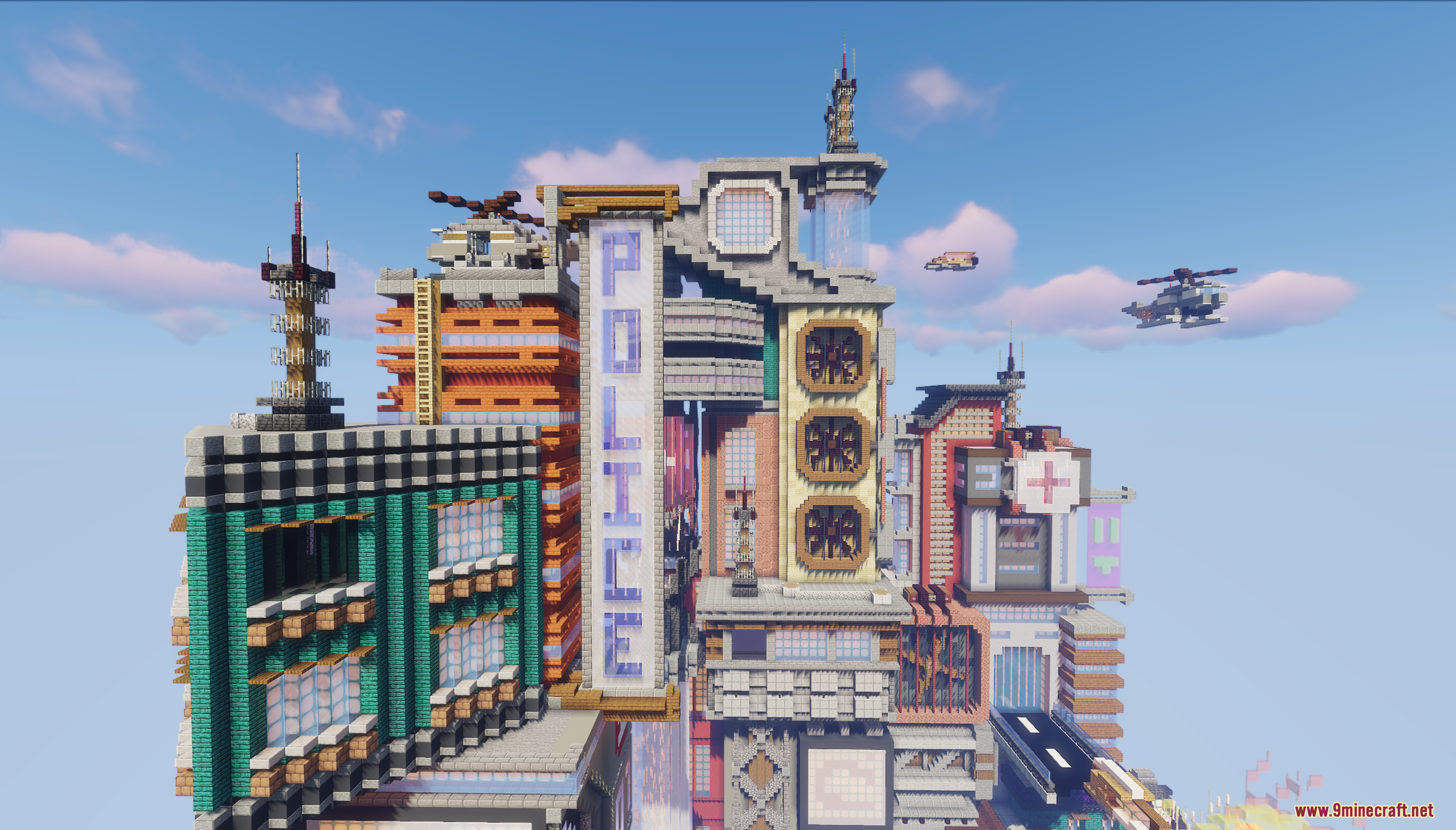 A futuristic police building in a dense cyberpunk city