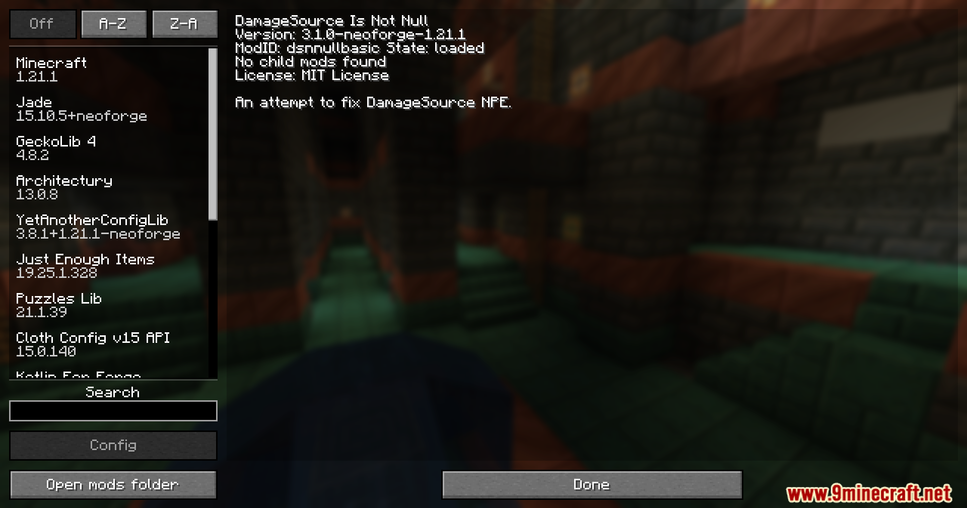 DamageSource Is Not Null mod in the mods list screen