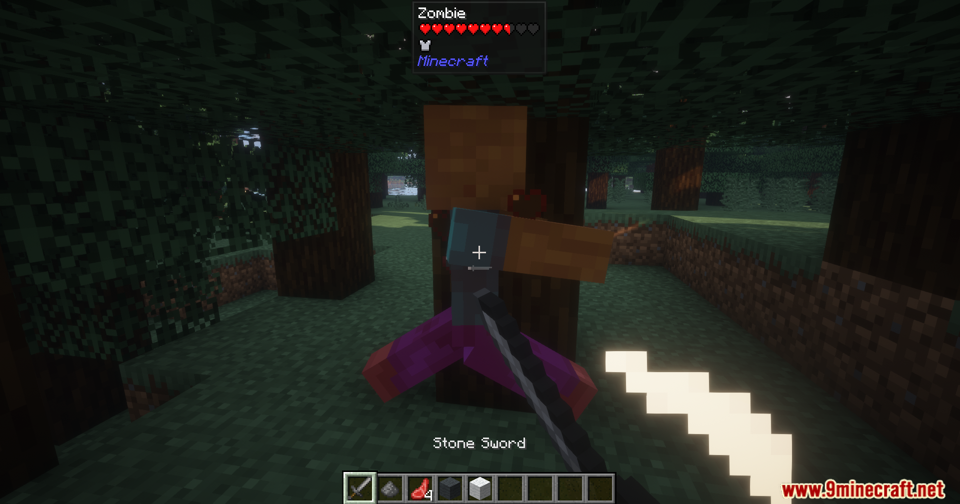 Player fighting a zombie in the forest with a sword