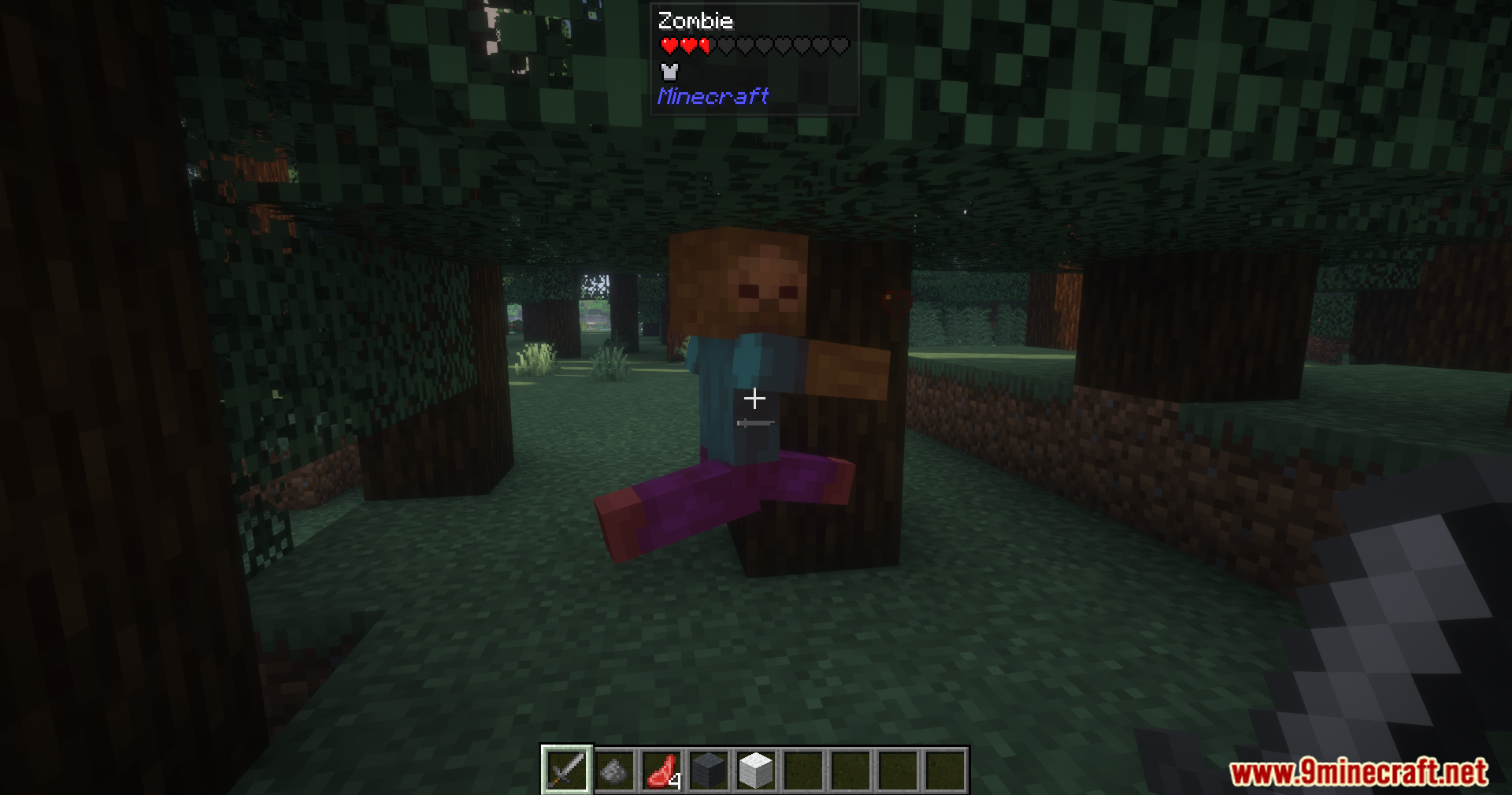 A zombie with a player skin leans against a tree
