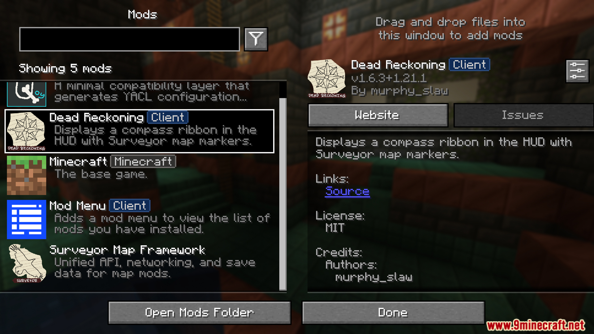 Mod menu screen showing Dead Reckoning mod details and options