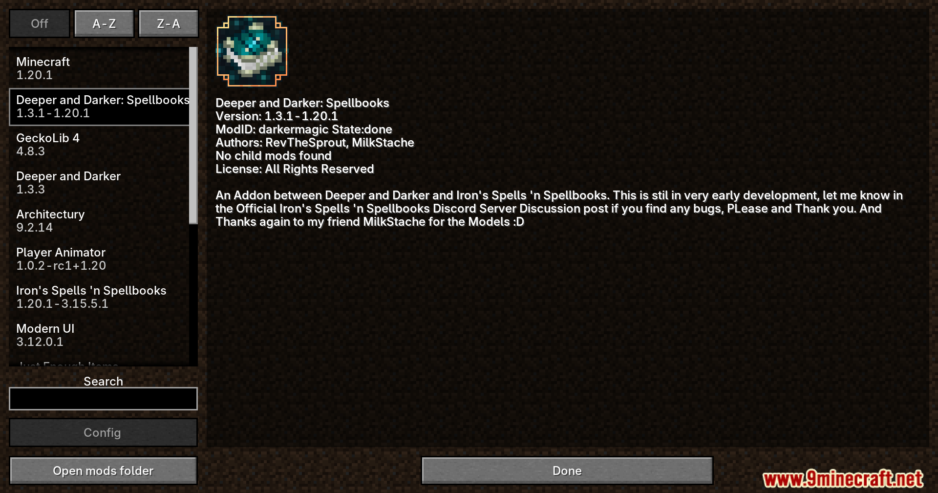 Deeper and Darker Spellbooks mod in the mods menu