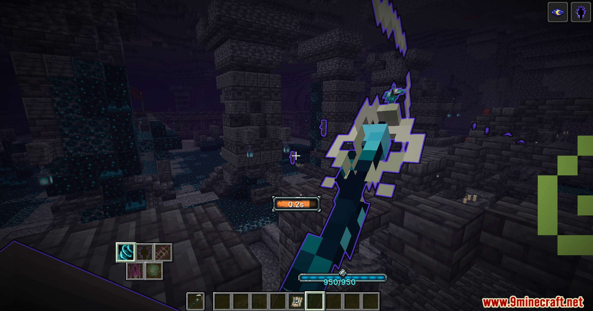 Wielding an animated, glowing warden-themed magic staff