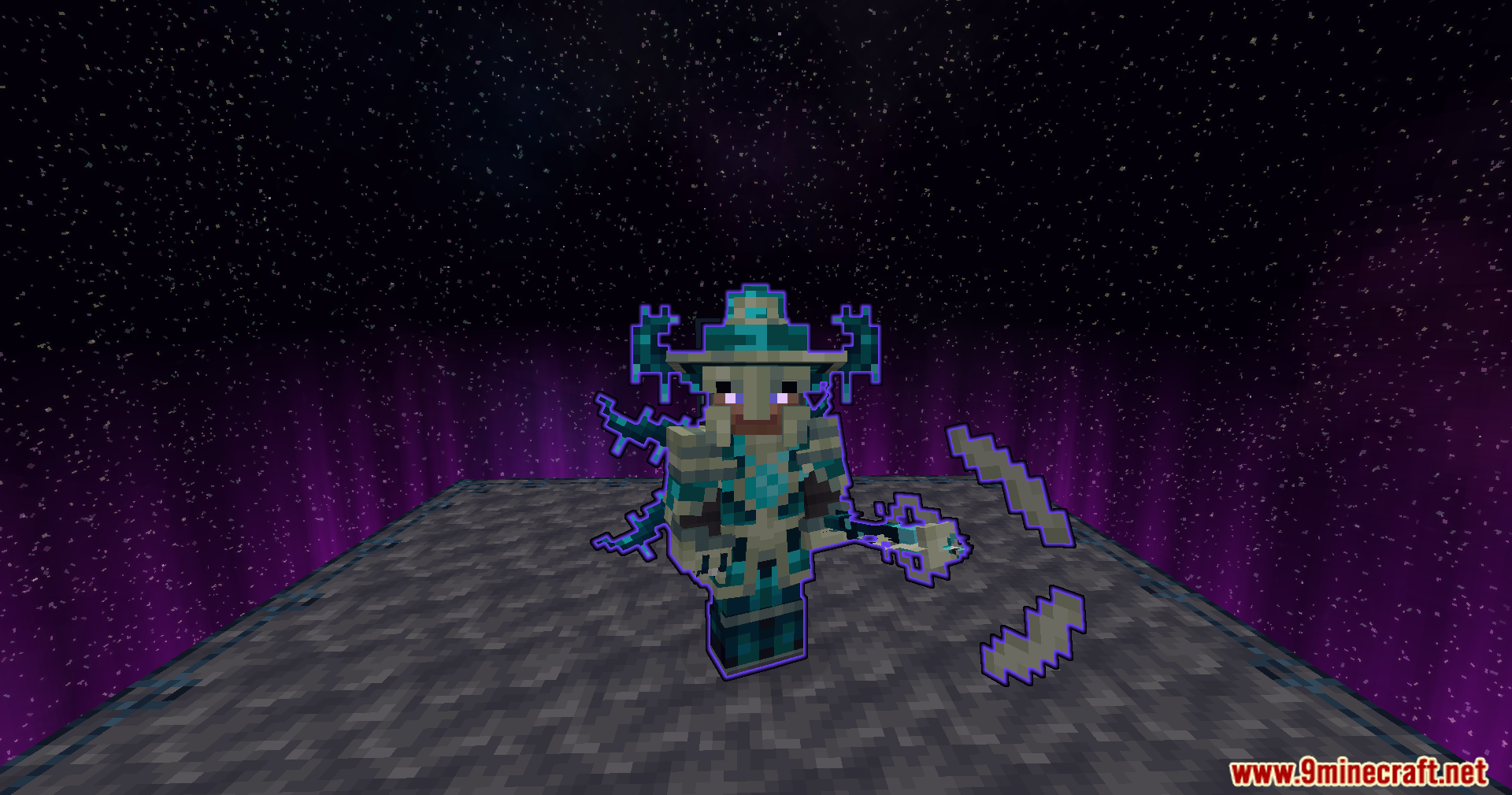 Front view of the glowing Warden Battlemage armor set