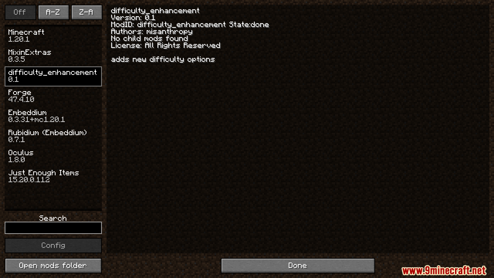 Difficulty Enhancement mod details in the mods menu
