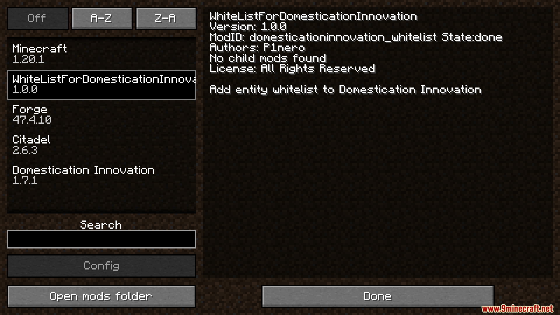 WhiteListForDomesticationInnovation mod information screen