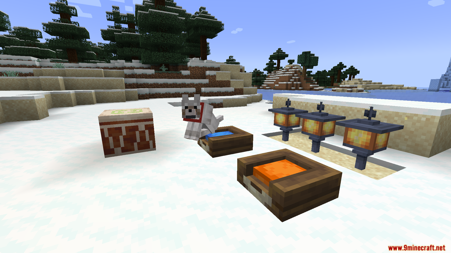 Domestication Innovation mod items arranged on a snowy shore