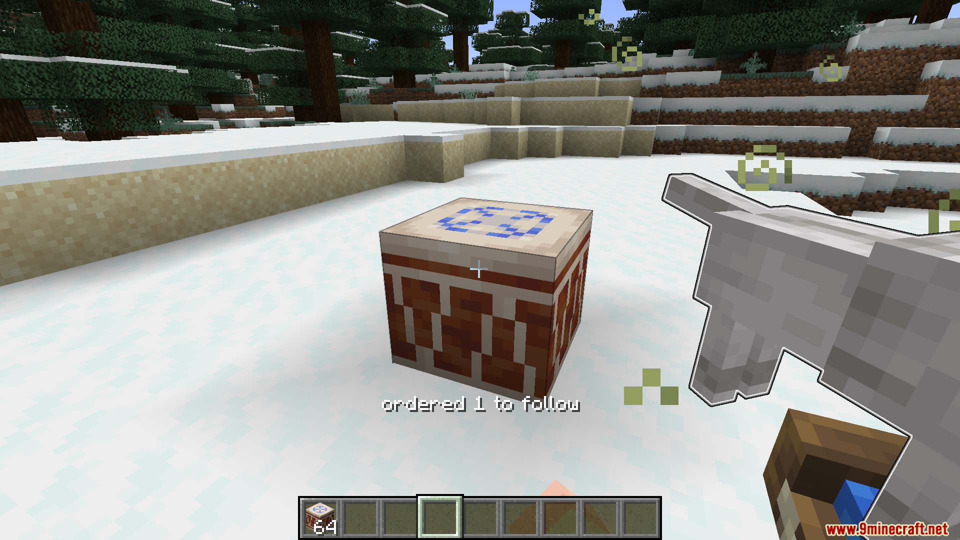 A pet bed block commands the wolf to follow