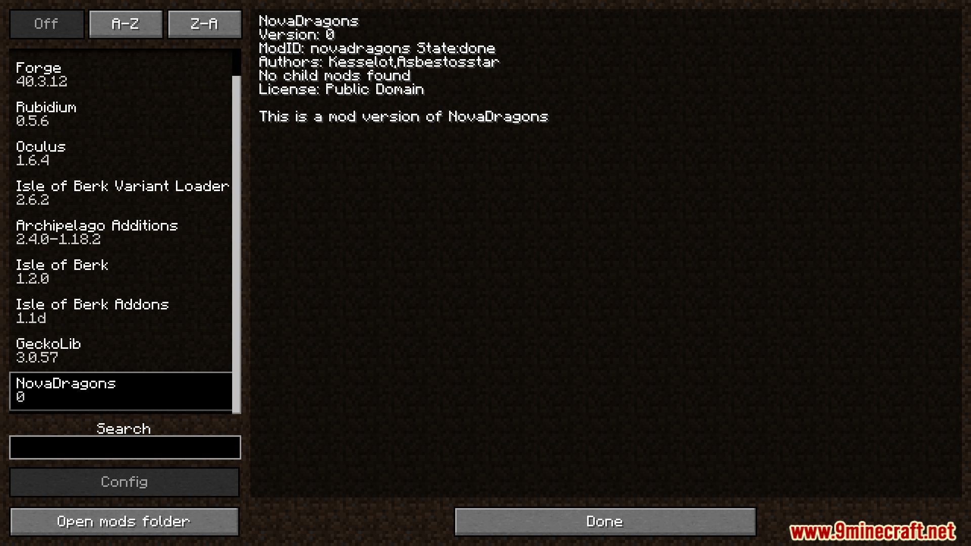NovaDragons mod details in the mods list screen