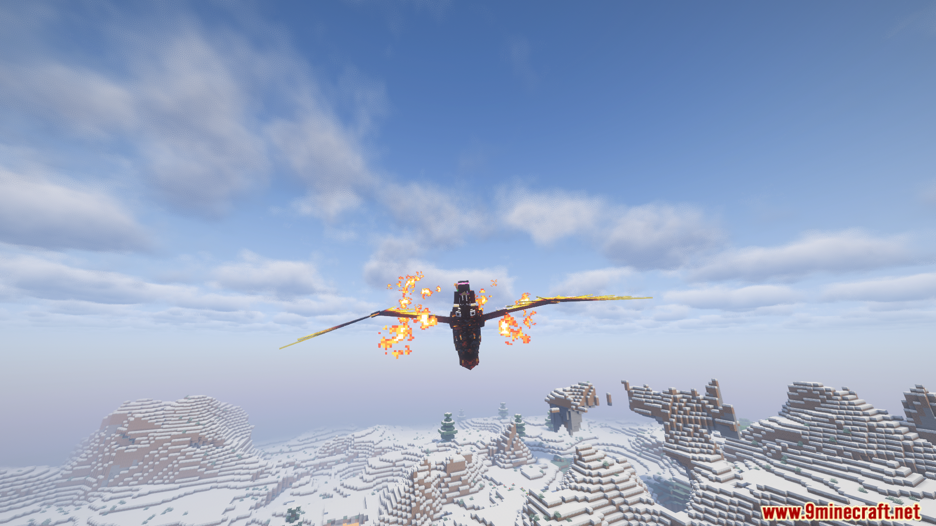 A flaming dragon soars over a snowy mountain range