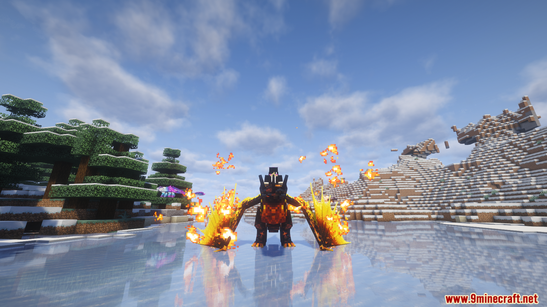 A dragon with flaming wings stands on the ice