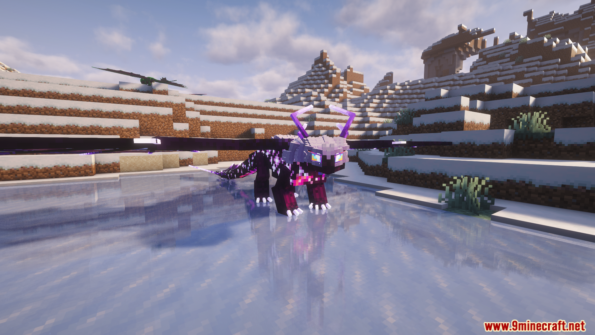 A black and purple dragon on a frozen lake