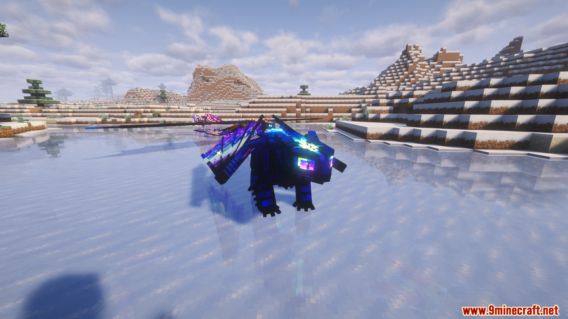 A glowing blue and purple dragon on ice