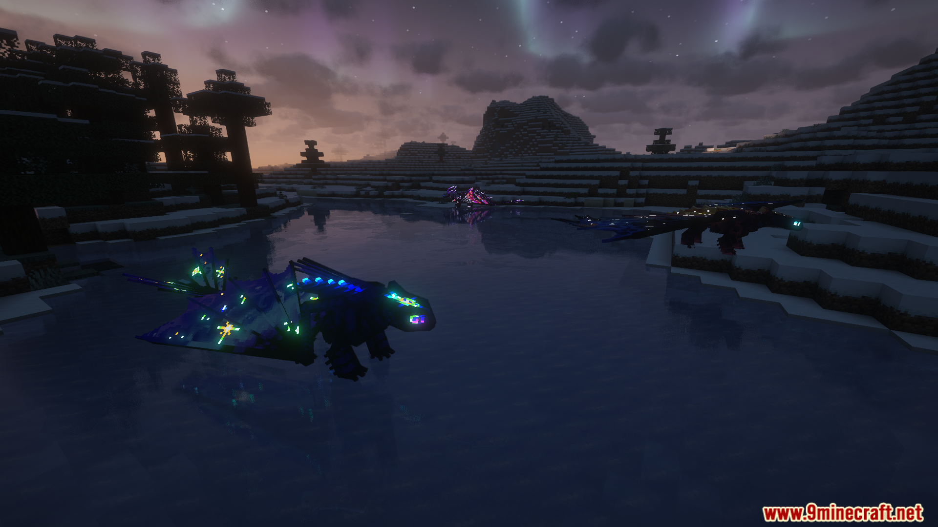 Glowing dragons rest by water under an aurora